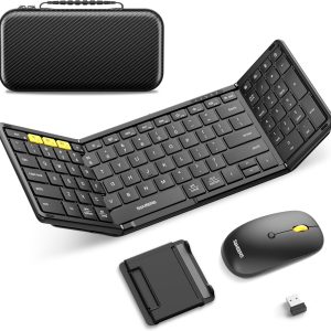 Foldable Keyboard and Mouse, Samsers Folding Bluetooth Keyboard Mouse Combo, 2.4G + BT5.0 x 2, Full-Size Portable Travel Keyboard & USB-C Rechargeable Wireless Mouse for iOS Android Windows Mac OS